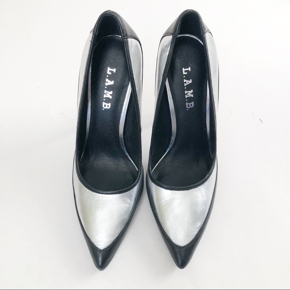 L.A.M.B.  Black Silver High Heels Leather - Picture 3 of 8